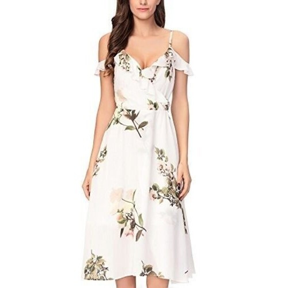 Noctflos Women’s White Floral Spaghetti Strap Cold Shoulder Wrap Cocktail Midi L
